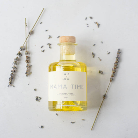 Mama Time Lavender Bath and Bump Oil bottles in two sizes