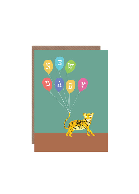 Tiger New Baby Greeting Card with recycled kraft envelope