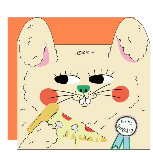 Rabbit Eats Pizza die-cut greeting card for kids, featuring a rabbit eating pizza, made from sustainably sourced paper by Eat The Moon.