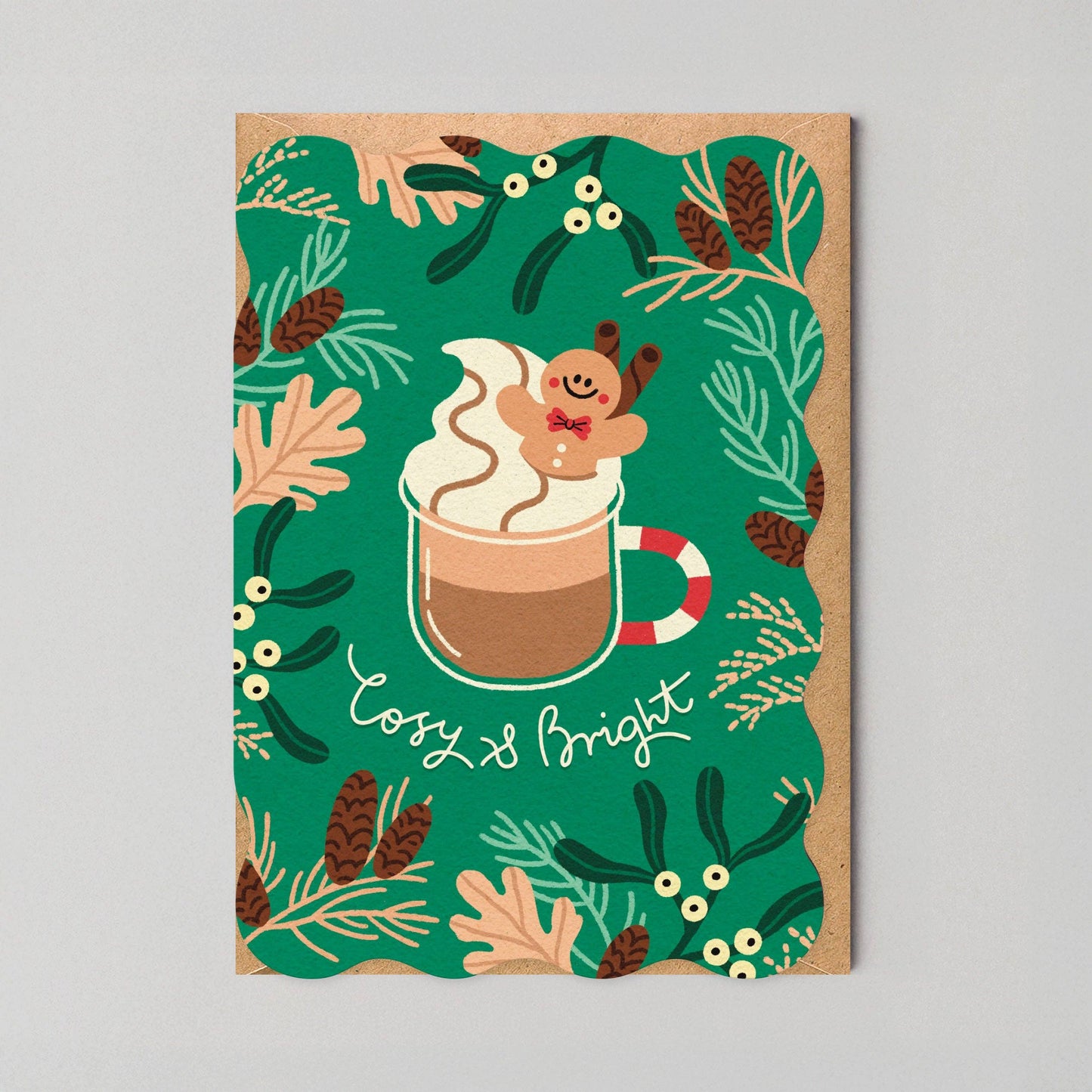Cosy & Bright shaped Christmas card with wavy edges and gingerbread man illustration