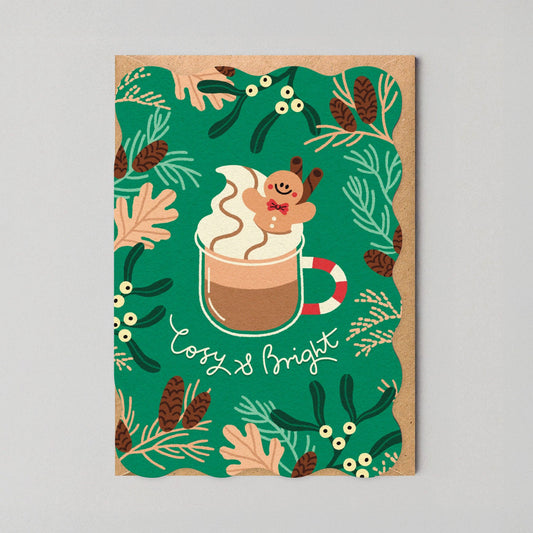 Cosy & Bright shaped Christmas card with wavy edges and gingerbread man illustration