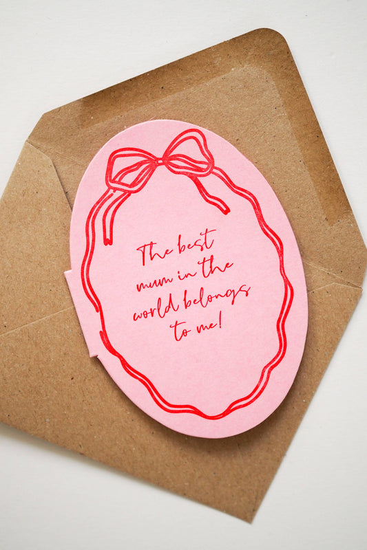 Die cut “Best Mum” mini card by Soch and Co. in pink and red letterpress, original illustration, with matching C7 envelope.