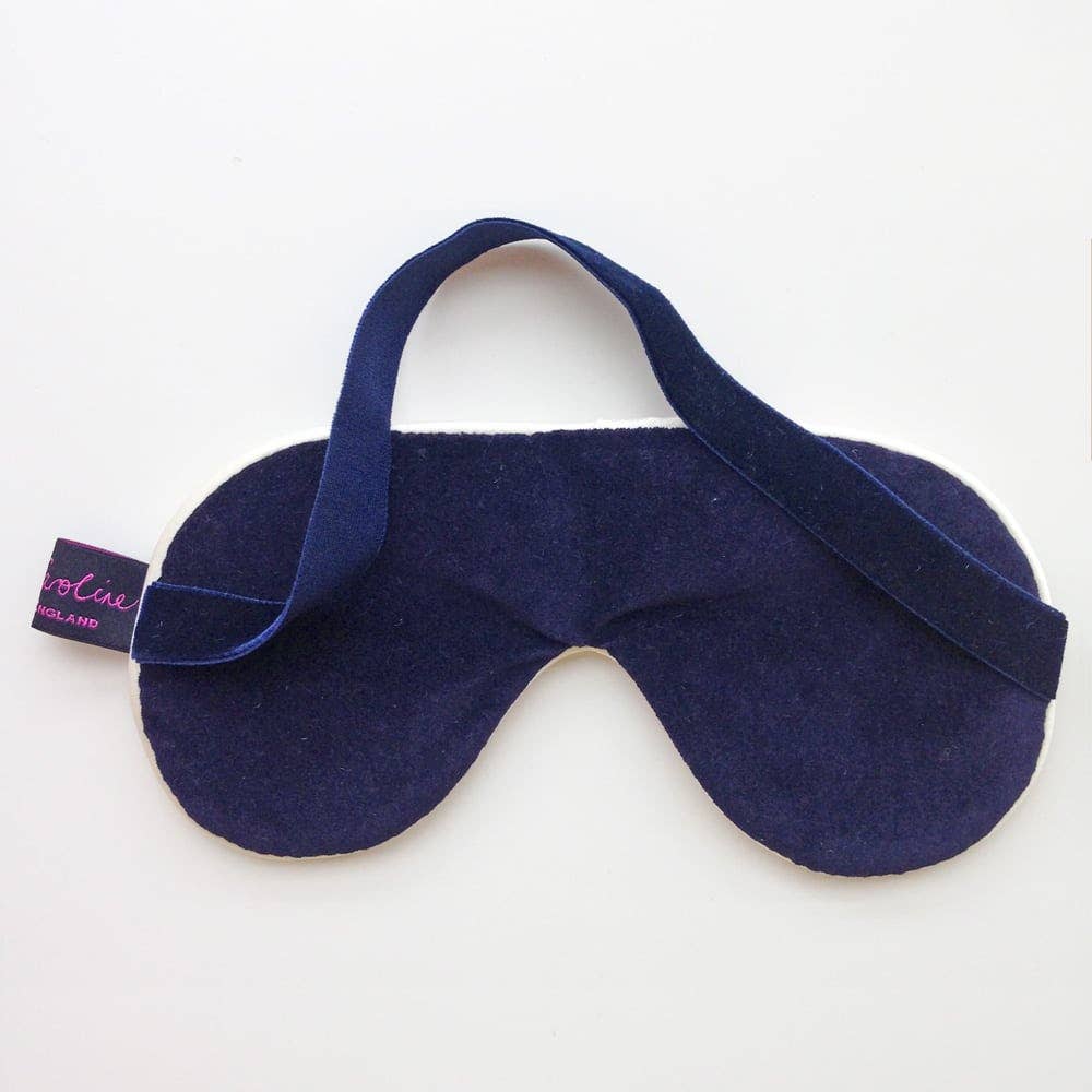Liberty Eye Mask Ianthe Nouveau with navy velvet lining, stretch strap, and bronze satin piping by Alice Caroline