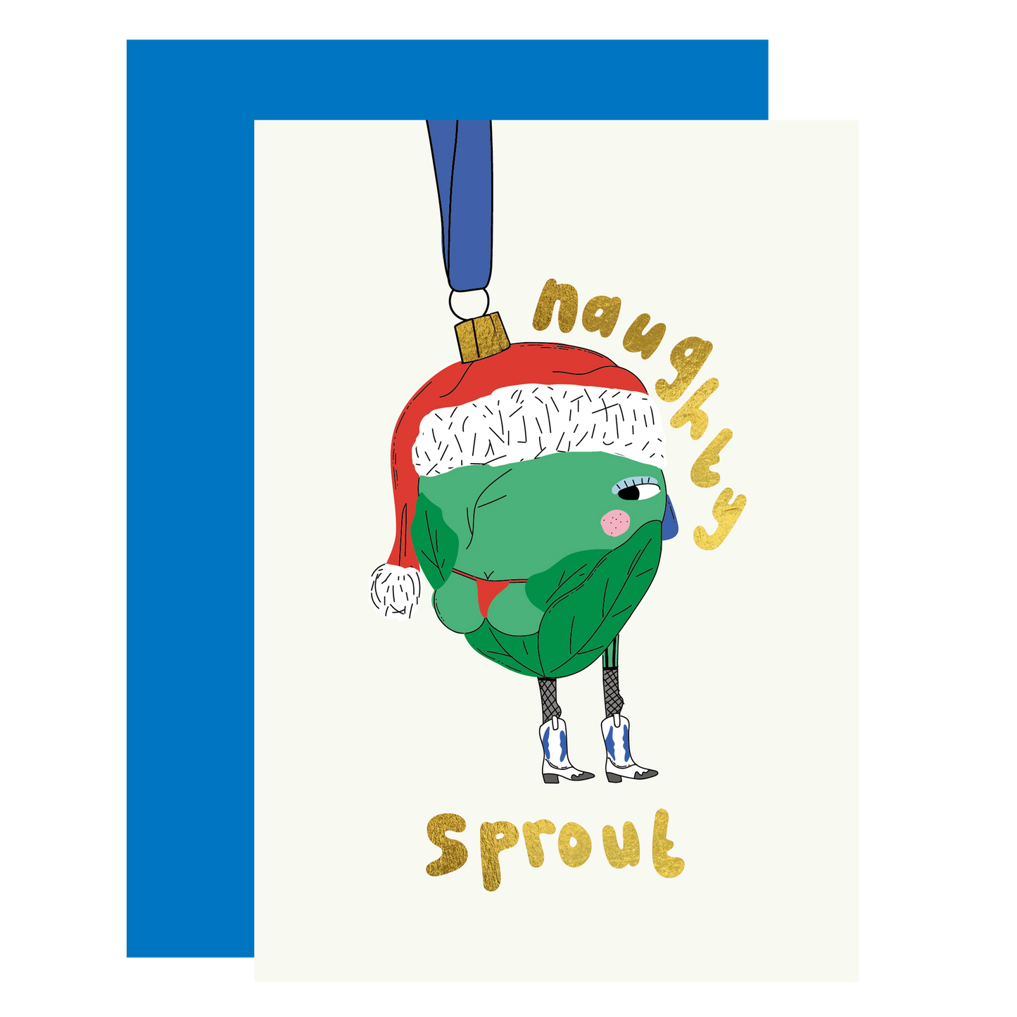 Naughty Sprout Christmas Card with gold foil accents on recyclable paper from Eat The Moon. Eco-friendly UK-made greeting card.
