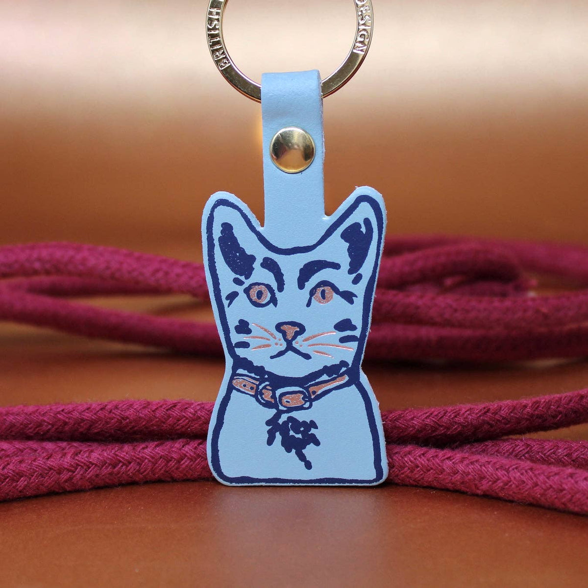 Handmade British tabby cat leather keyring gift