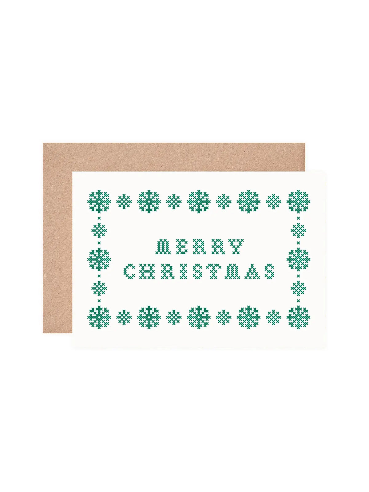 Hand printed green folk art Christmas card with kraft envelope