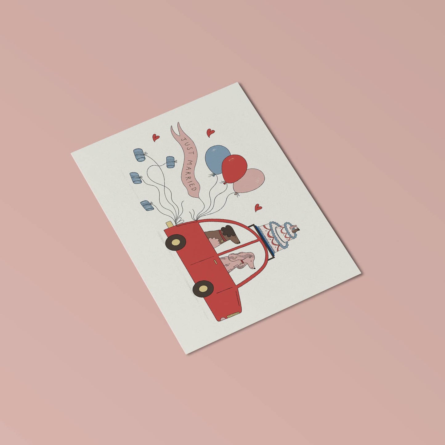 Just Married Greetings Card by Holly Fuller, two dogs in red car illustration, sustainably sourced 300gsm plastic-free card with kraft envelope, eco-friendly wedding greeting, UK made