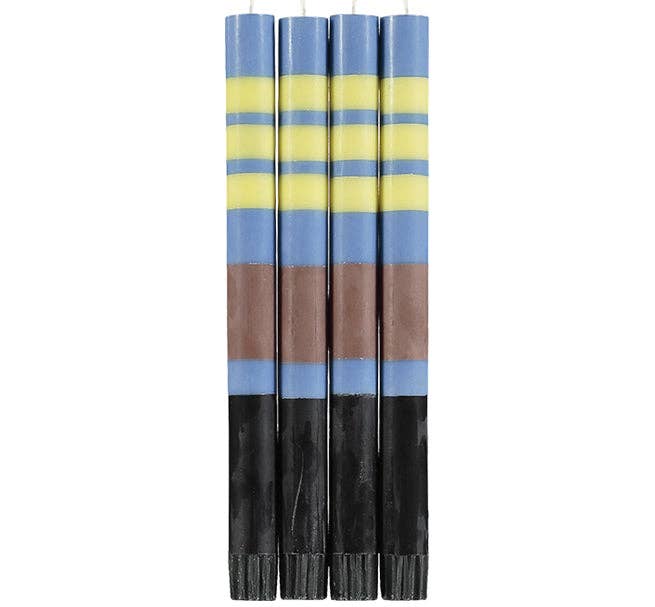 Striped Eco Dinner Candles in Rose Beige, Saxe Blue, Jet Black and Primrose Yellow