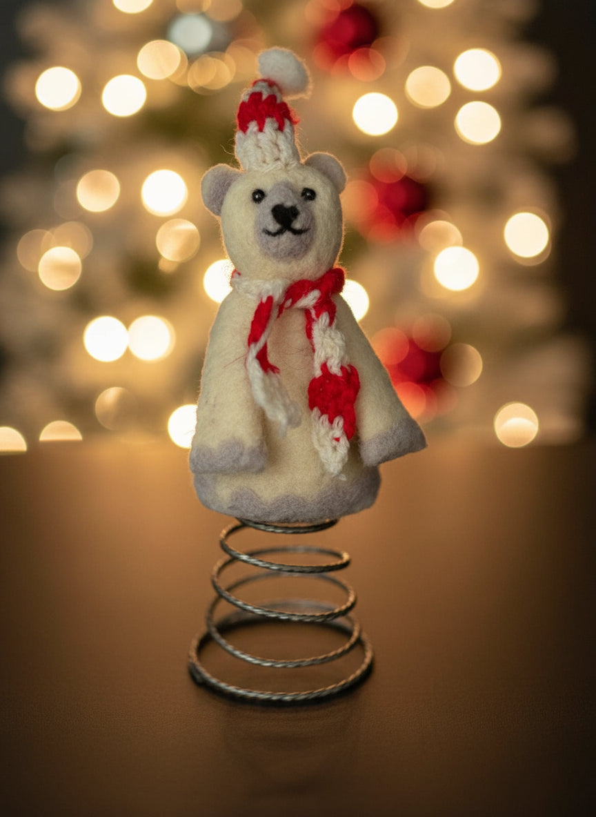 Handmade organic wool Polar Bear Christmas tree topper for sustainable festive decor