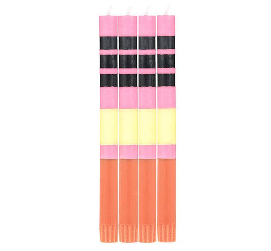Striped eco dinner candles in orange, rose, yellow and black