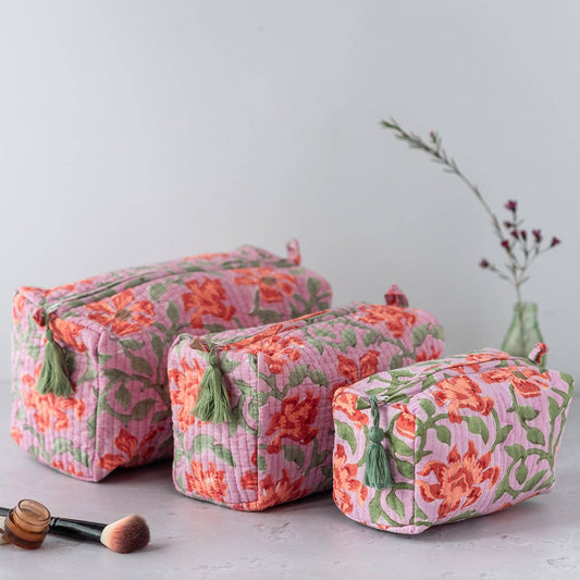 Clementine block printed cosmetic bag with waterproof lining