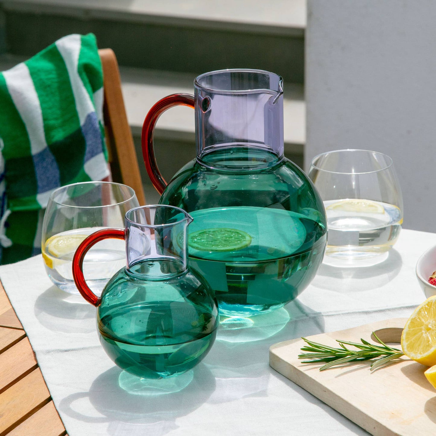 Pablo Glass Jug on a table, highlighting its generous 1300ml capacity