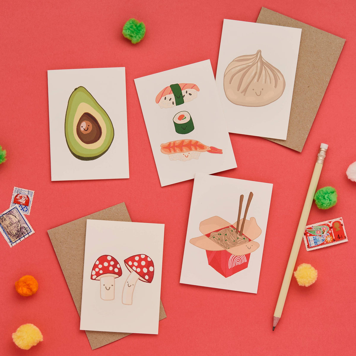 Close-up of hand-drawn red-capped mushroom design on A7 card