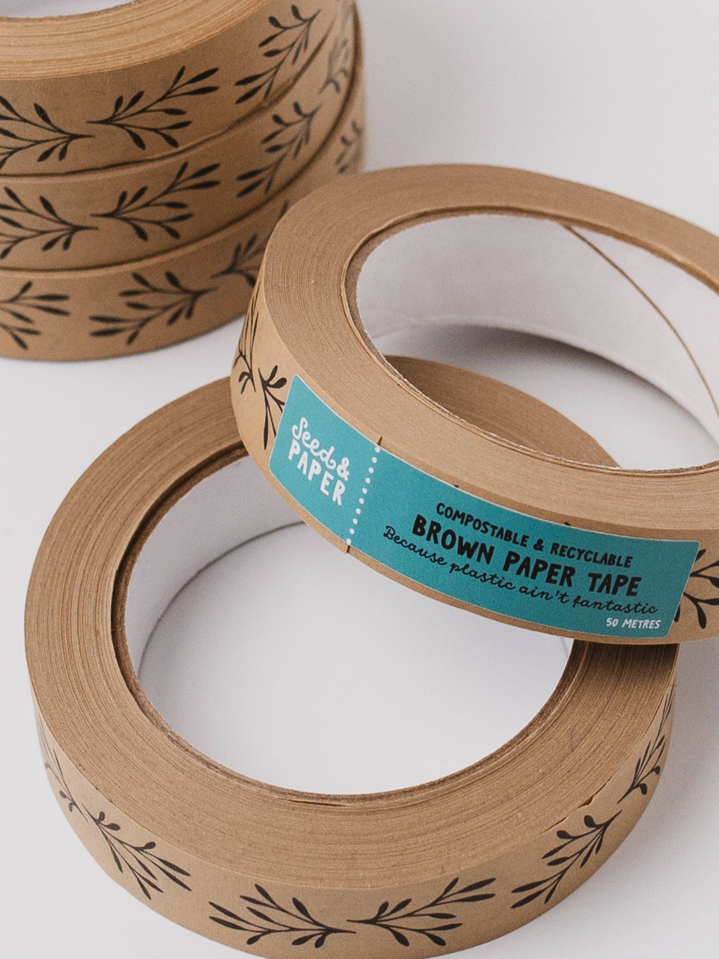 Close-up of the charming floral design on plastic-free kraft paper tape