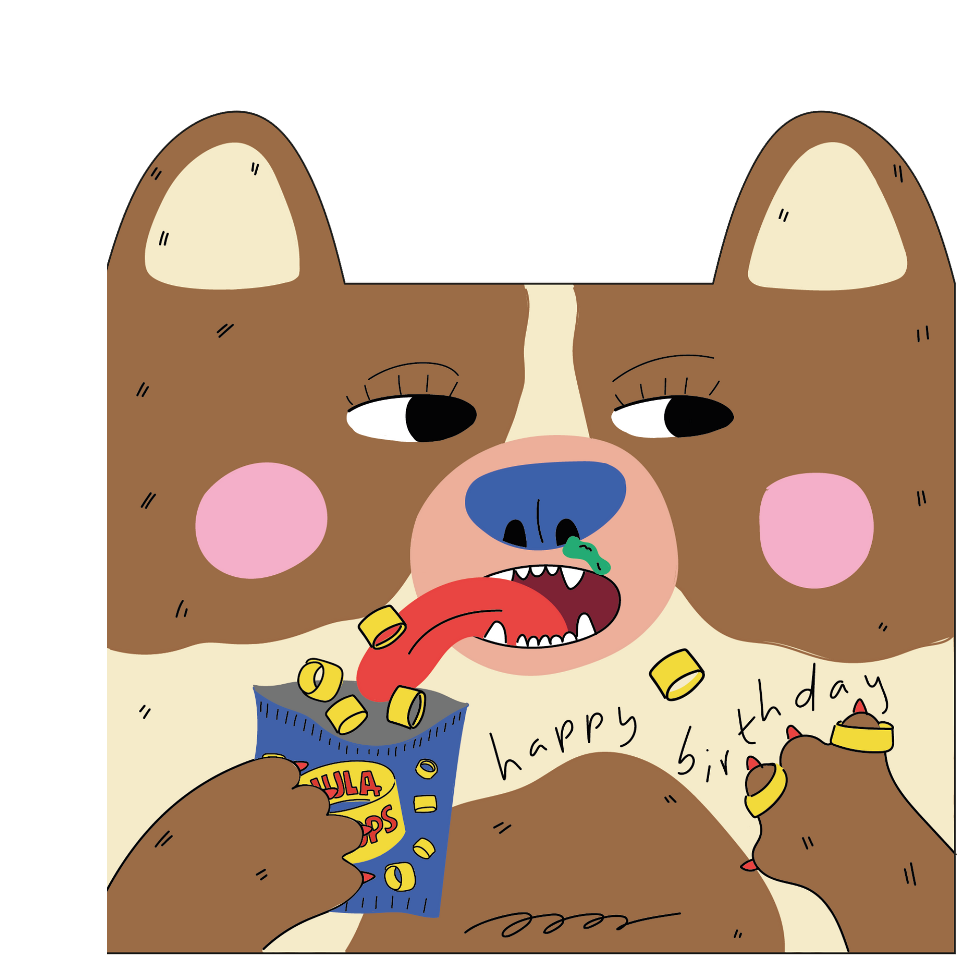 Eat the Moon Dog Eats Hula Hoops Die Cut Kids Greeting Card front with cheeky dog design