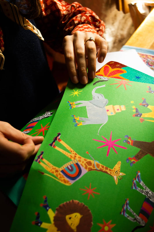 Full sheet of Animal Roller Disco recycled gift wrap, 50x70 cm