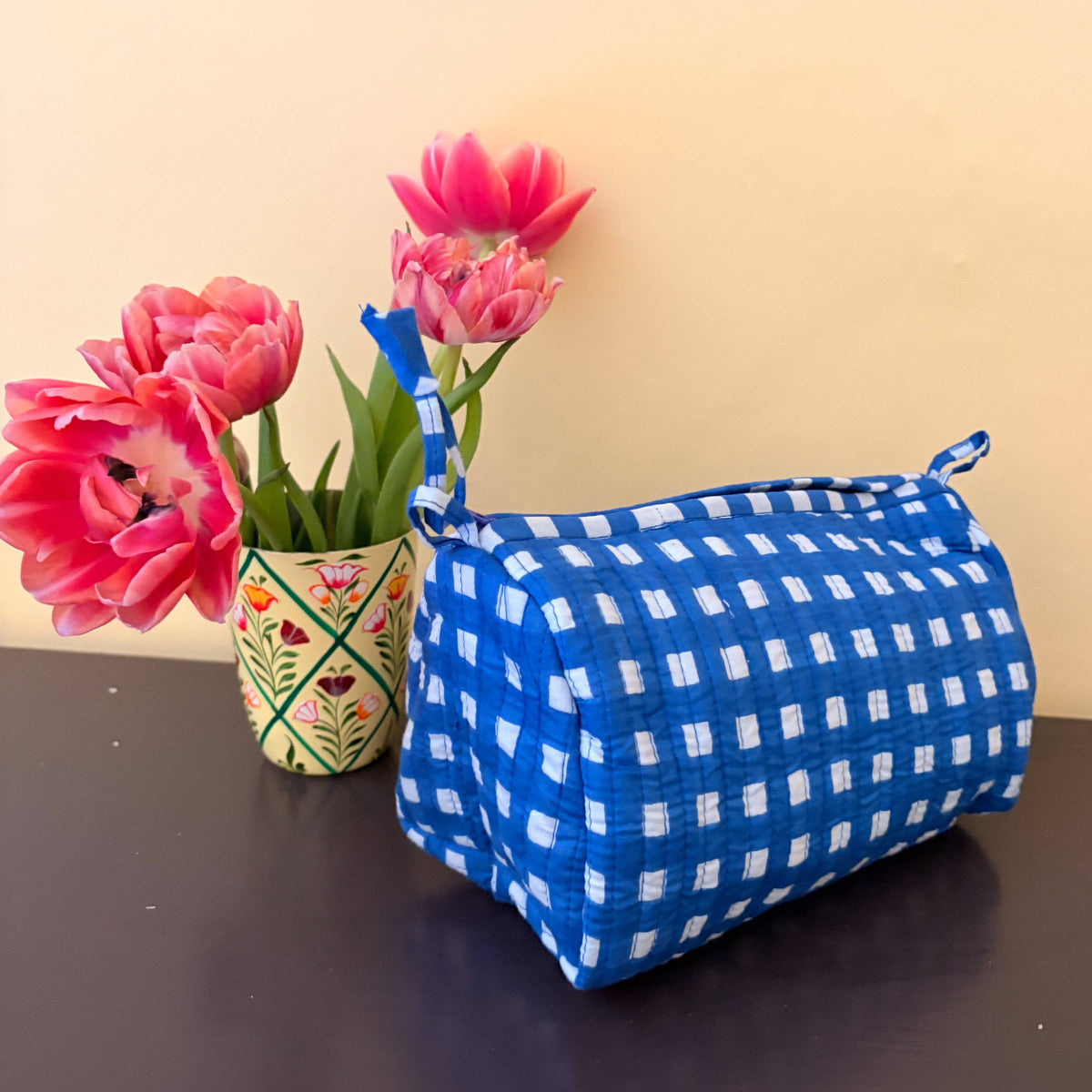Cobalt check quilted cotton cosmetic bag with brass zip