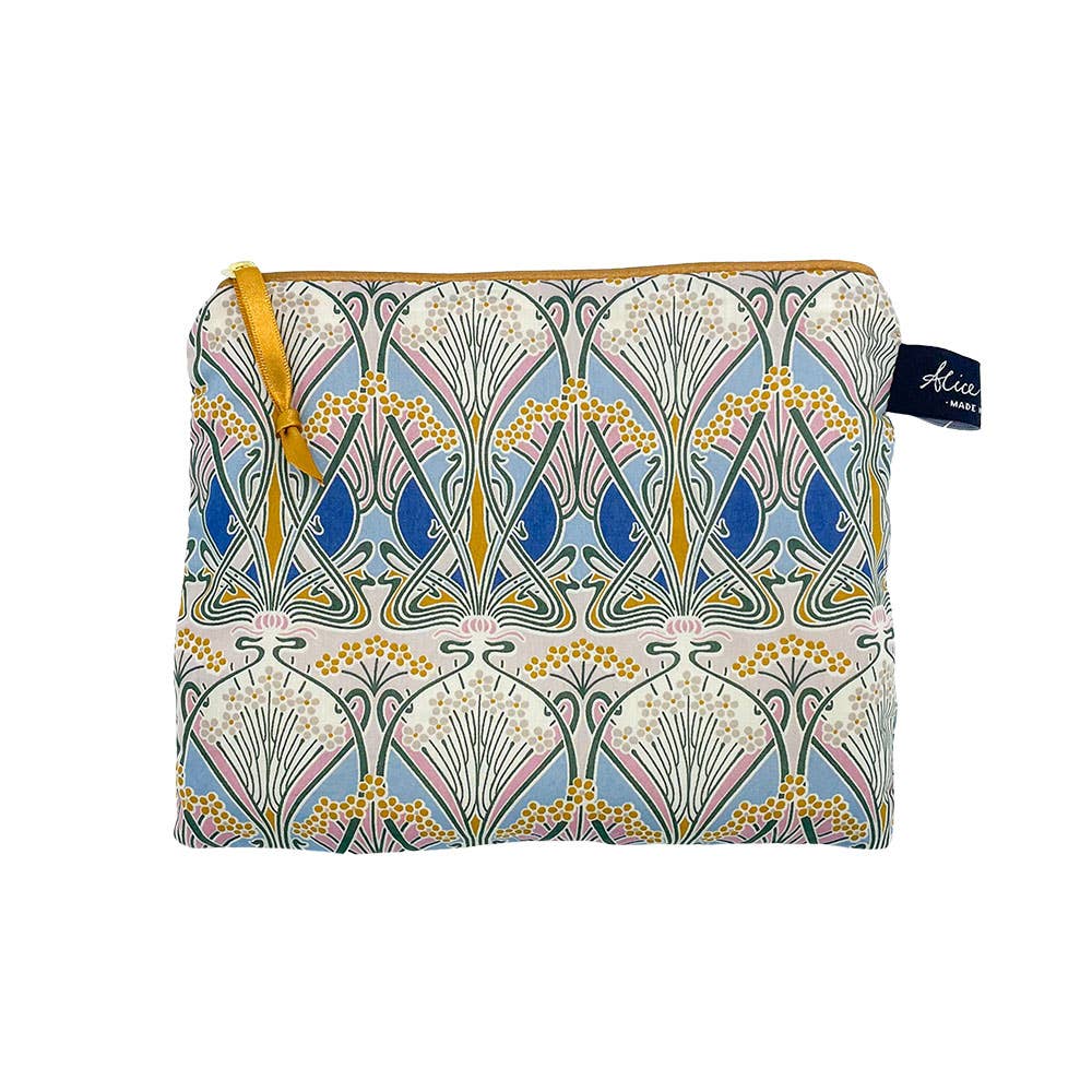 Liberty Travel Pouch padded with Ianthe Nouveau Tana Lawn cotton fabric by Alice Caroline with bronze satin ribbon zip