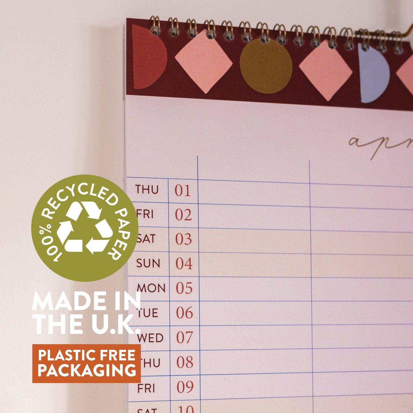 Eco-friendly academic wall planner wire binding and hanging loop detail