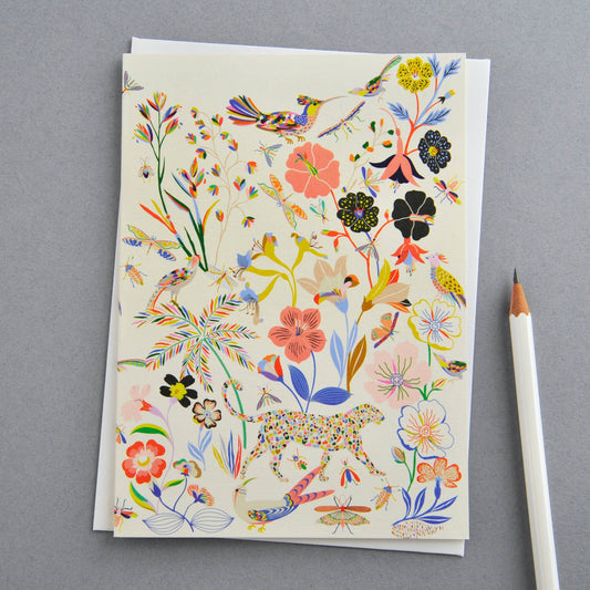 Leopard in Wonderland colourful greetings card with birds and butterflies