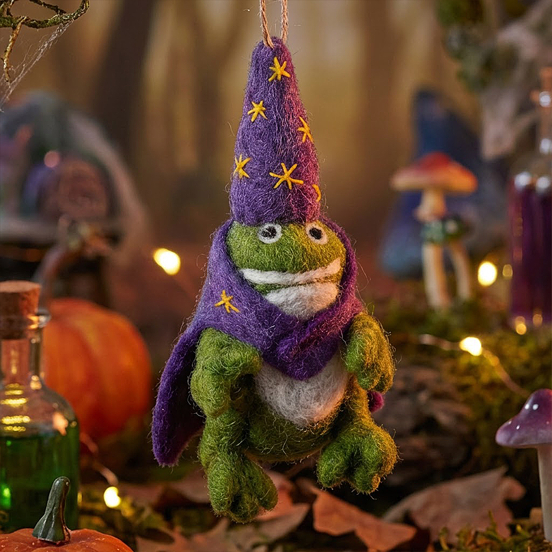 Handmade felt wizard frog hanging decoration with black cape and hat