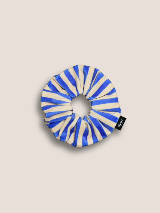 Oversized blue and white striped recycled velvet scrunchie handmade in the UK