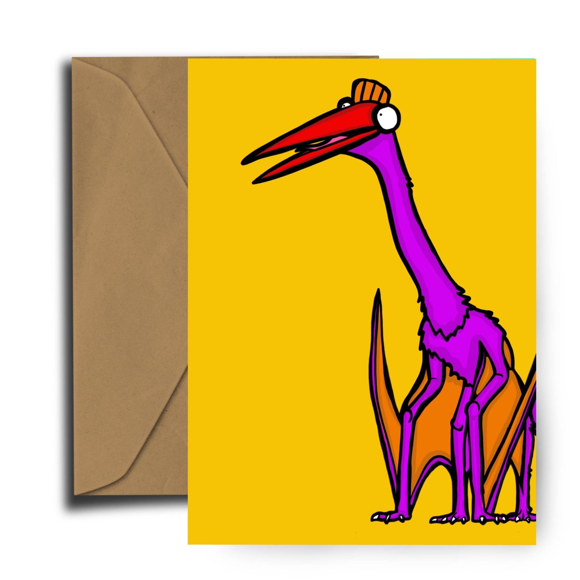 Introducing Dixon Does Doodles' fantastic illustrated world with this playful and colourful Quetzalcoatlus Dinosaur Greetings Card. Great for kids and adults alike to celebrate a Happy Birthday! The Quetzalcoatlus  is purple, has orange wings and a red beak. They look happy and fun against a bright yellow backdrop.