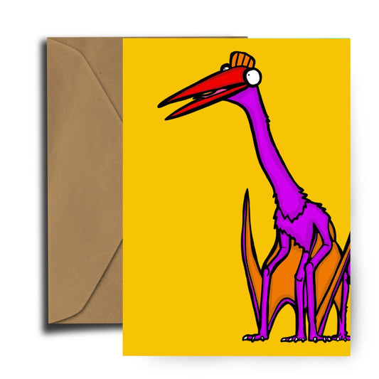 Introducing Dixon Does Doodles' fantastic illustrated world with this playful and colourful Quetzalcoatlus Dinosaur Greetings Card. Great for kids and adults alike to celebrate a Happy Birthday! The Quetzalcoatlus  is purple, has orange wings and a red beak. They look happy and fun against a bright yellow backdrop.