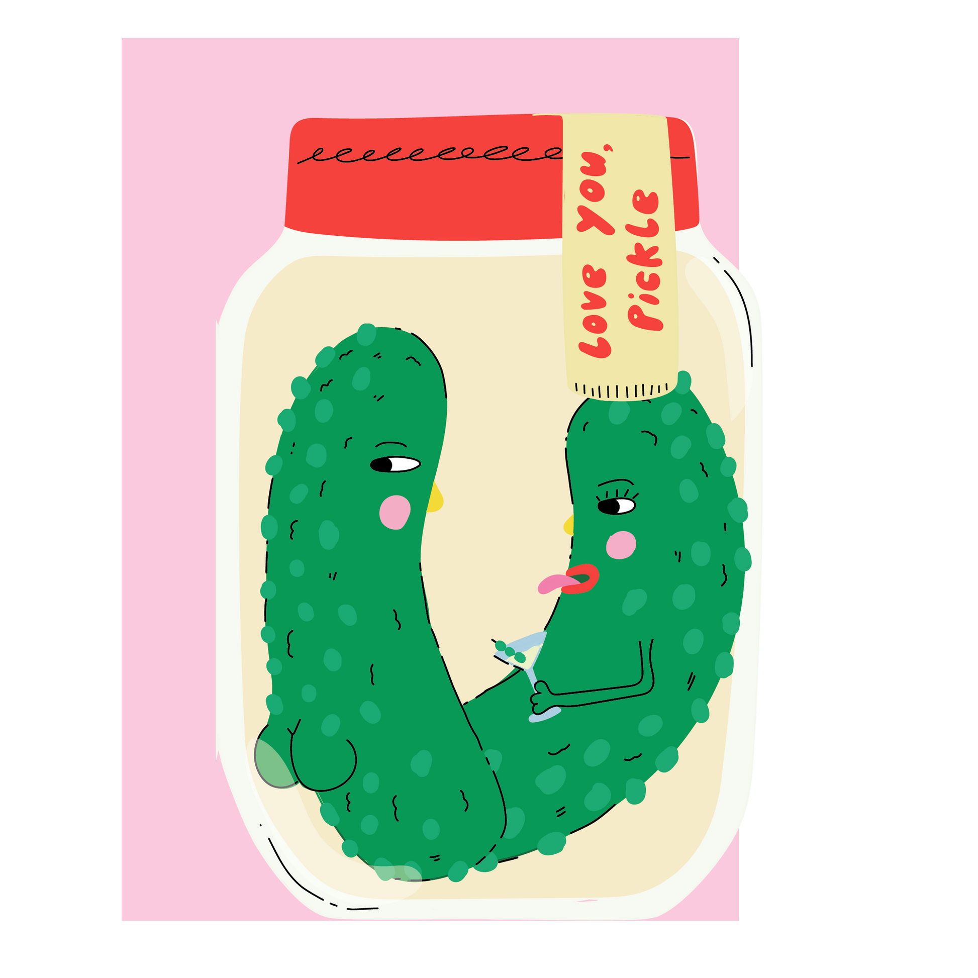 Love You Pickle die-cut Valentine's Day card with gold foil finish and pink envelope.
