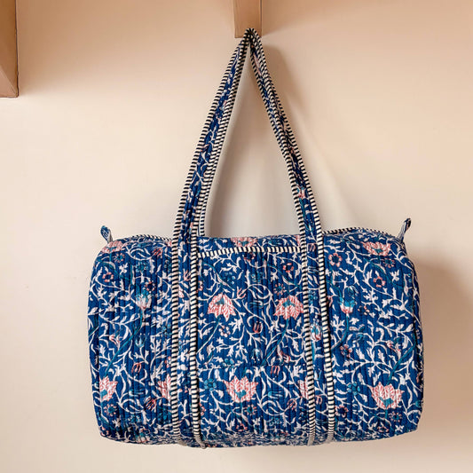 Handmade block printed cotton duffle weekend bag with quilted texture
