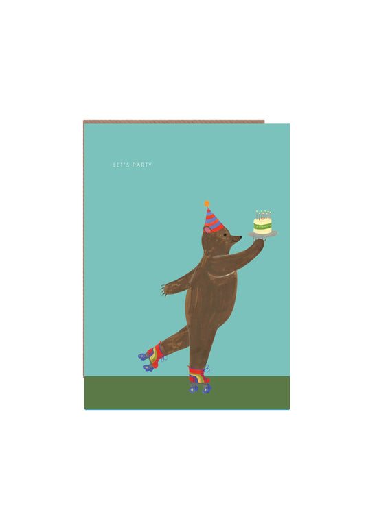 Party Bear skating with a birthday cake illustration on an eco-friendly card