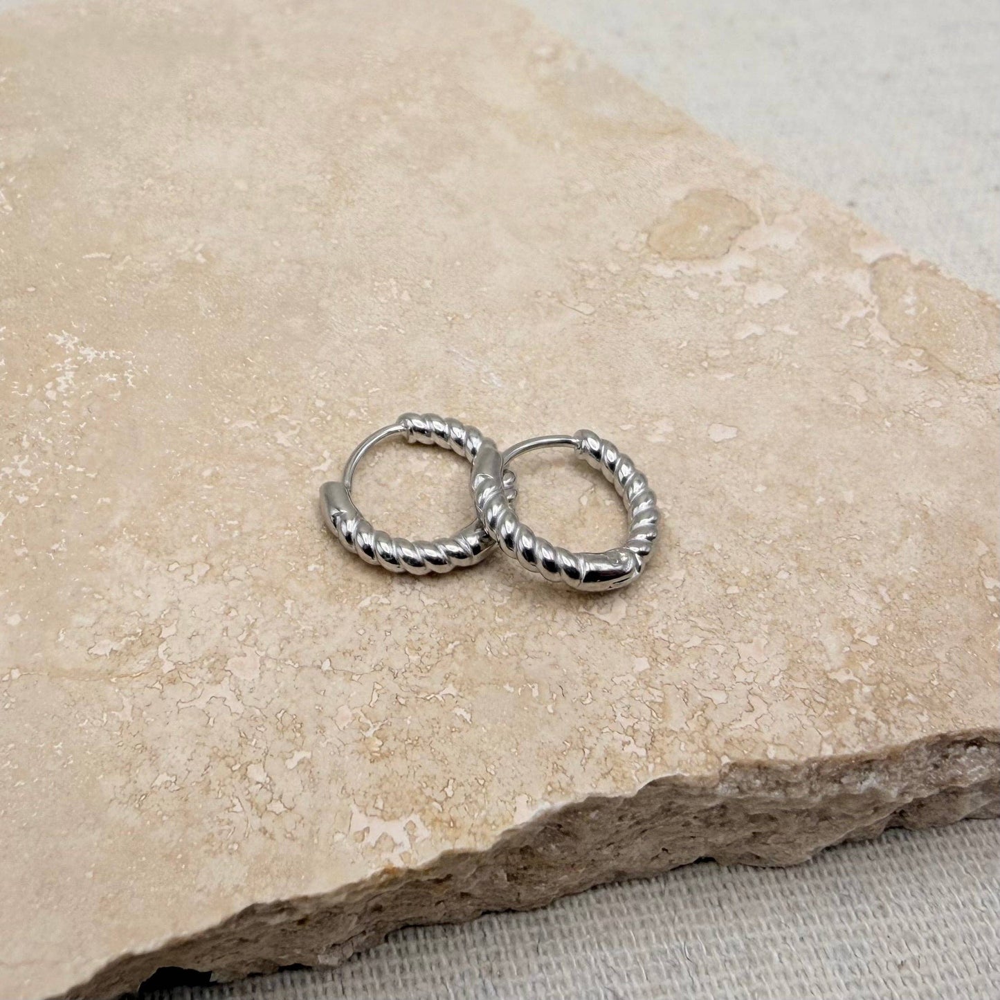 Everyday Silver Rope Huggie Earrings close up