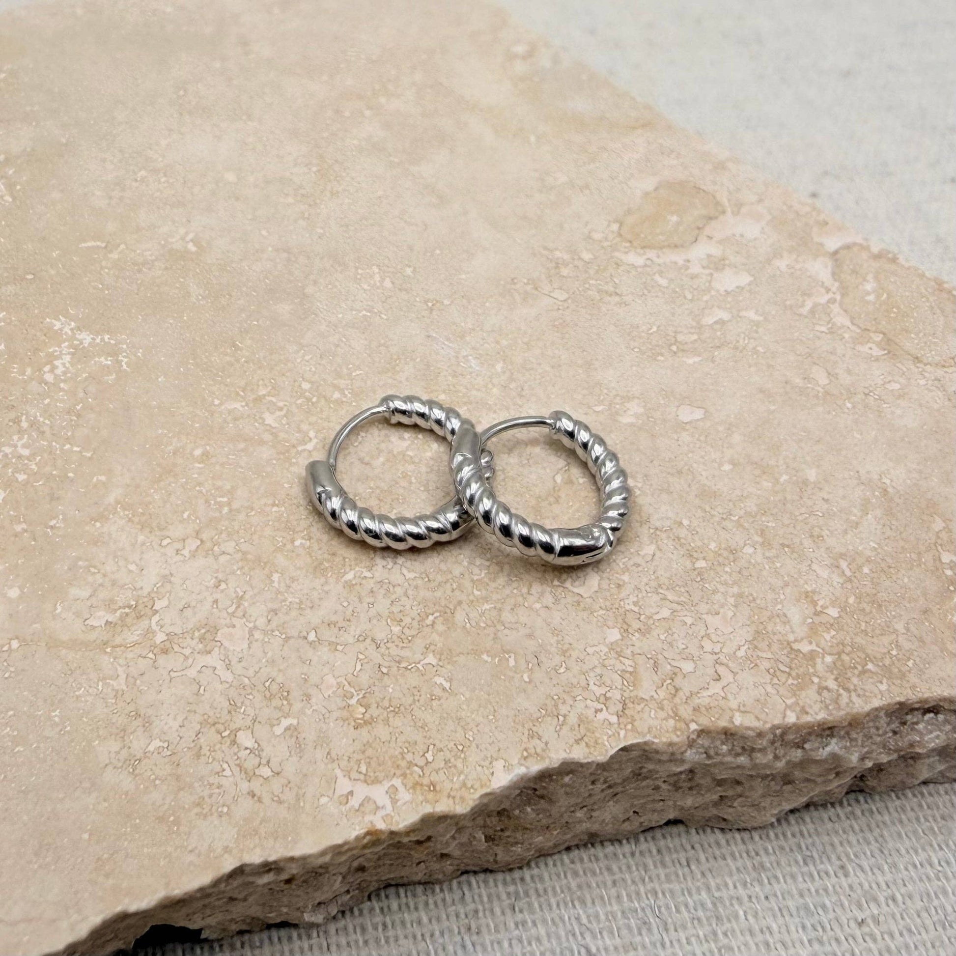 Everyday Silver Rope Huggie Earrings close up