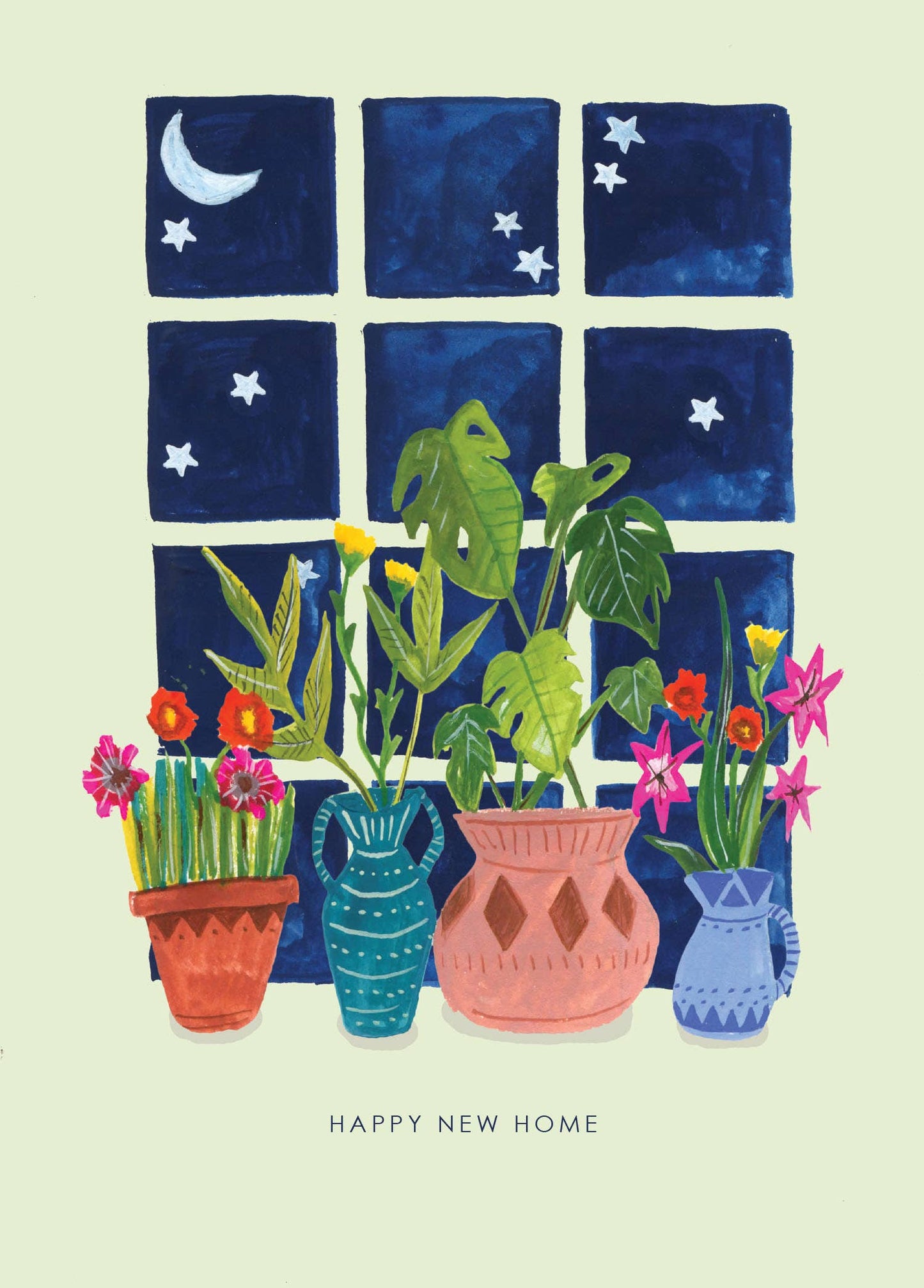 Help them celebrate getting settled into their new place with this charming 'HAPPY NEW HOME' card. Featuring a window overlooking a starry sky and a rather fantastic selection of house plants, this card is the perfect way to send best wishes.