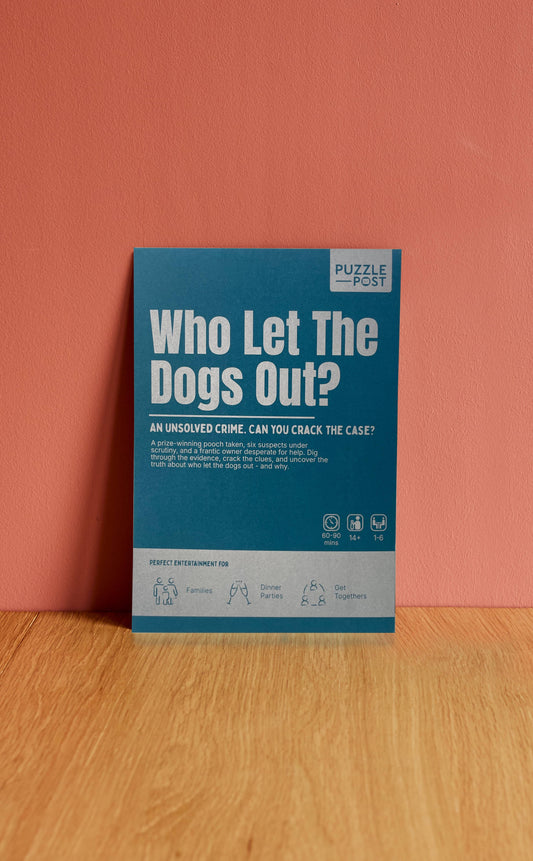 Cold Case: Who Let The Dogs Out? puzzle kit – illustrated box with detective props, eco-friendly packaging, group mystery game for ages 14+.