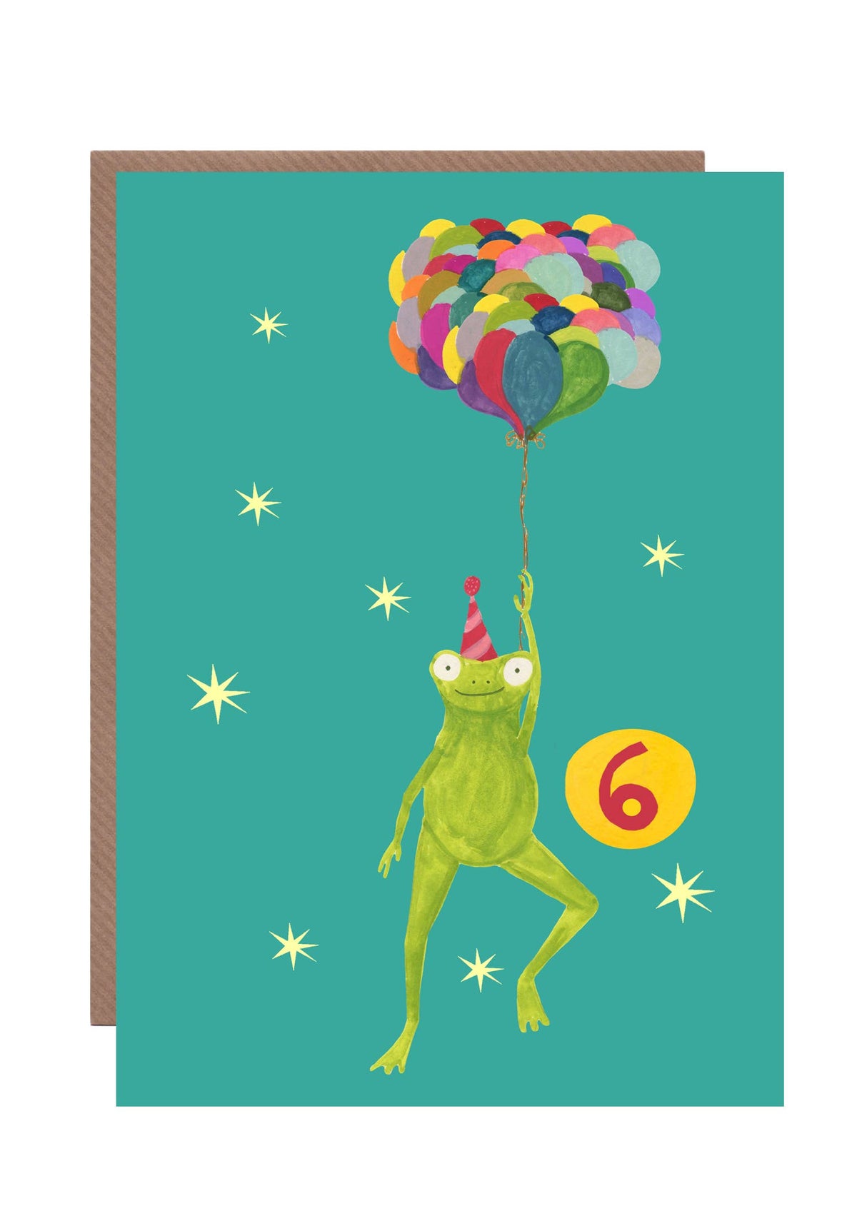 Close up of whimsical Party Frog illustration on sustainable age 6 card