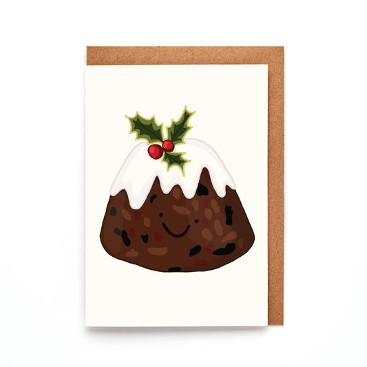 Mini Christmas Pudding card with hand-drawn smiley pudding and holly, UK-made sustainable 300gsm card, A7 size