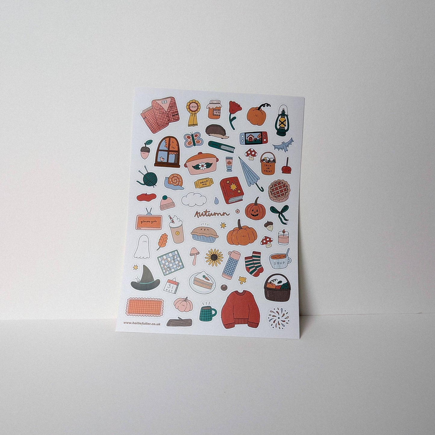 Autumn Sticker Sheet by Holly Fuller – 60+ waterproof vinyl stickers on A5 sheet, UK designed seasonal artwork perfect for scrapbooking, journaling, and eco-friendly crafts.