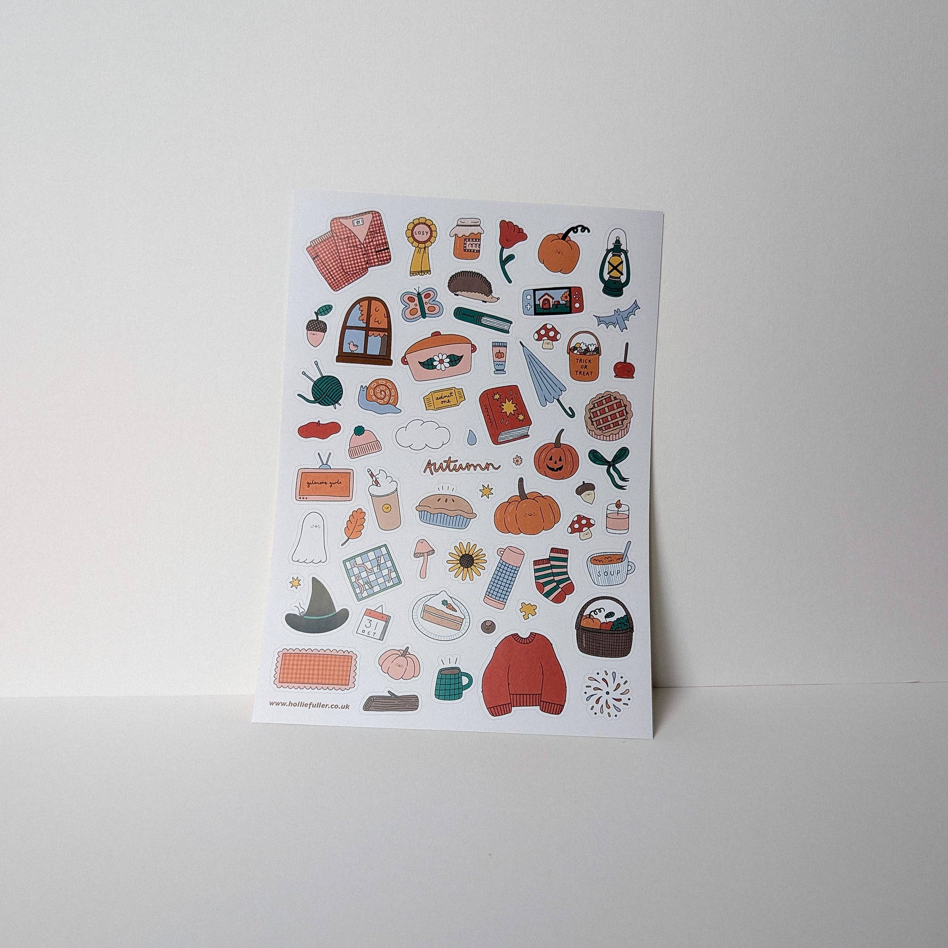 Autumn Sticker Sheet by Holly Fuller – 60+ waterproof vinyl stickers on A5 sheet, UK designed seasonal artwork perfect for scrapbooking, journaling, and eco-friendly crafts.