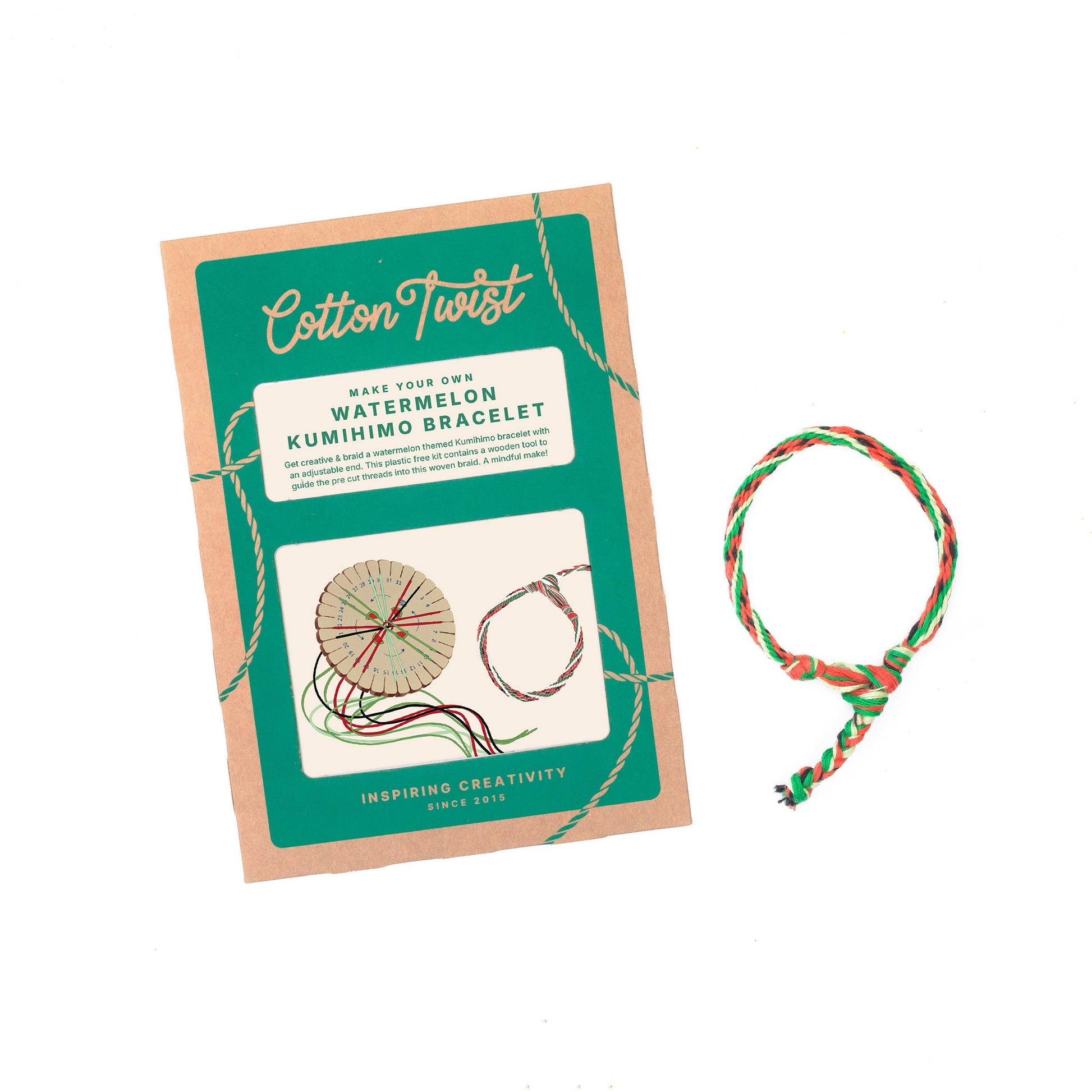 Sustainably sourced wooden Kumihimo weaving disc with colourful cotton threads