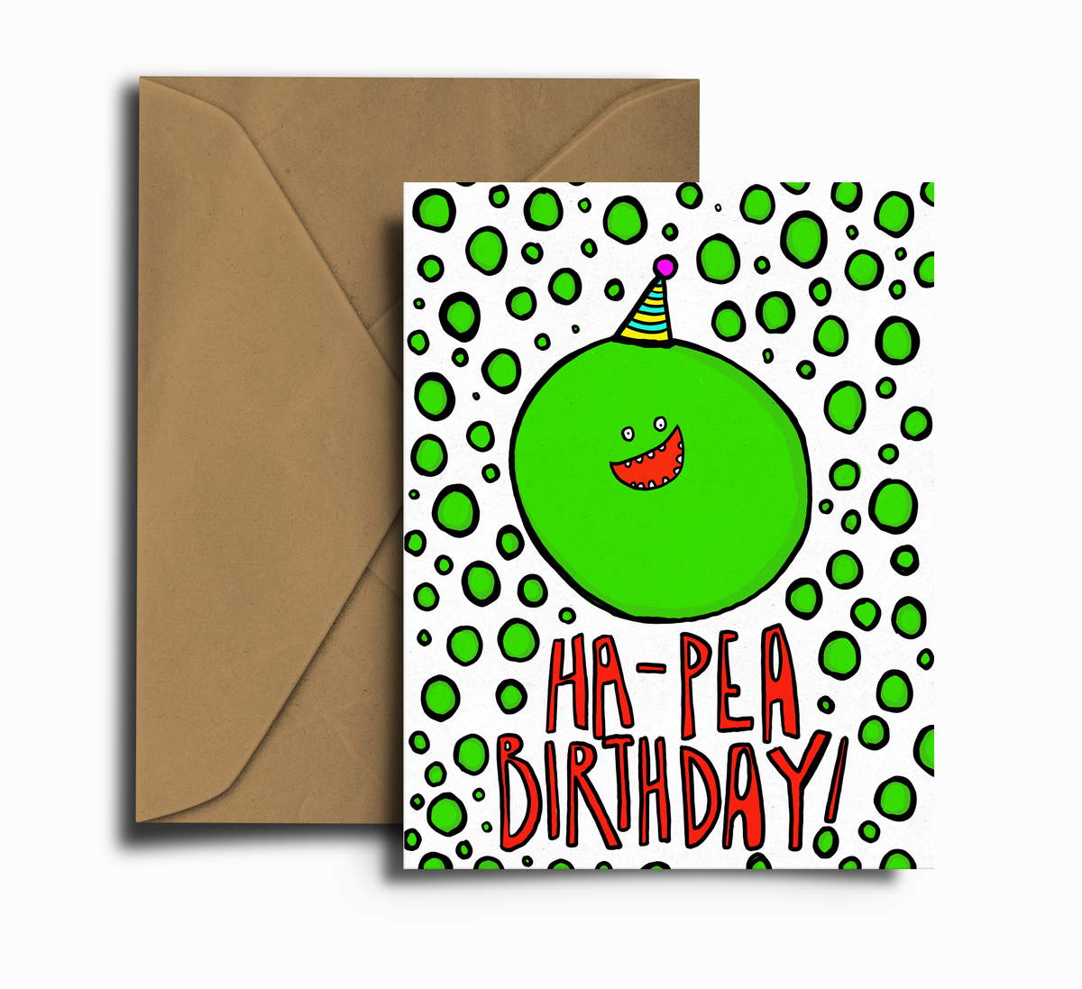 Ha-Pea Birthday sustainably sourced greetings card with recycled kraft envelope