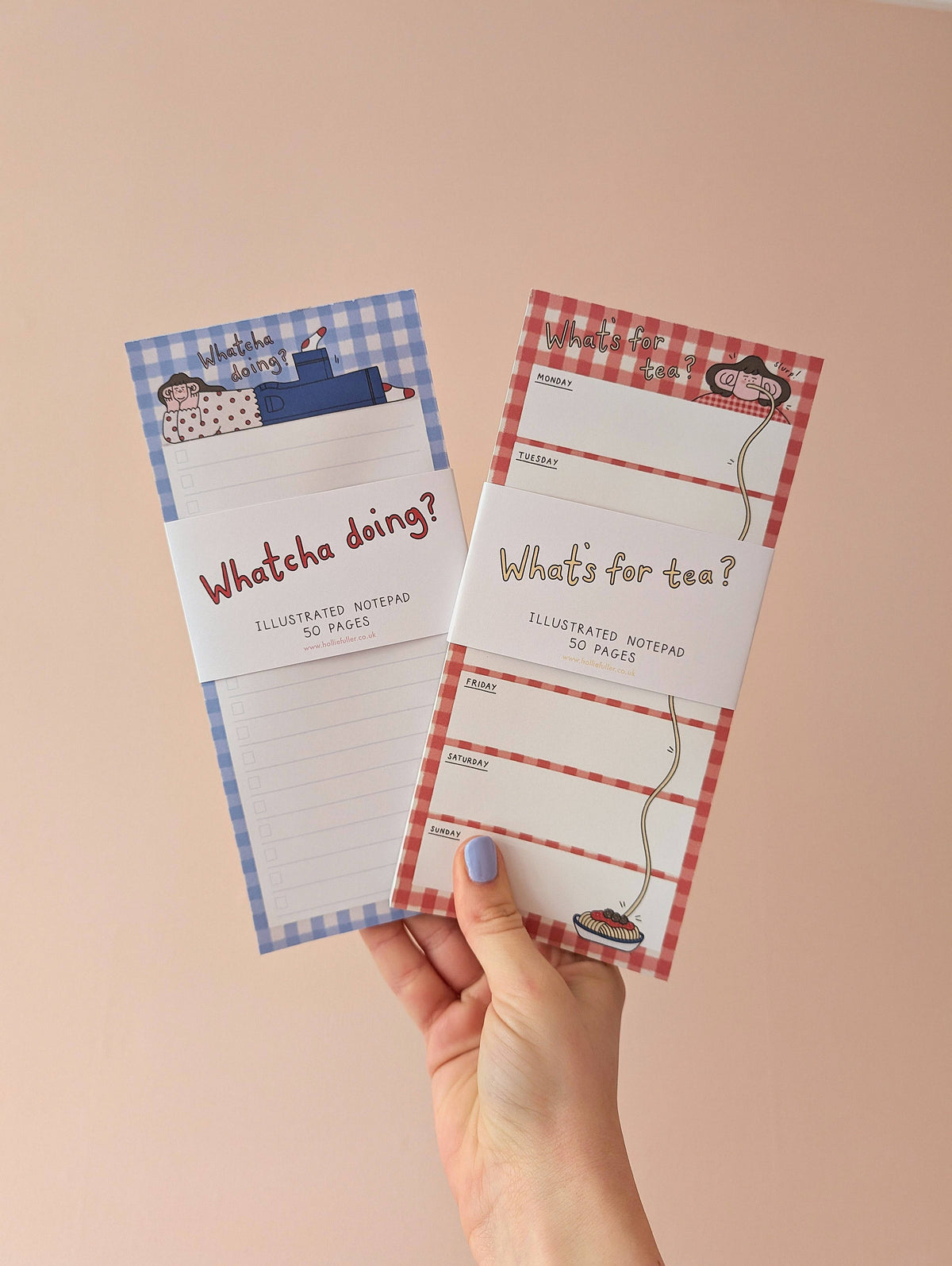 Plastic-free paper bellyband packaging on the Whatcha Doing? notepad