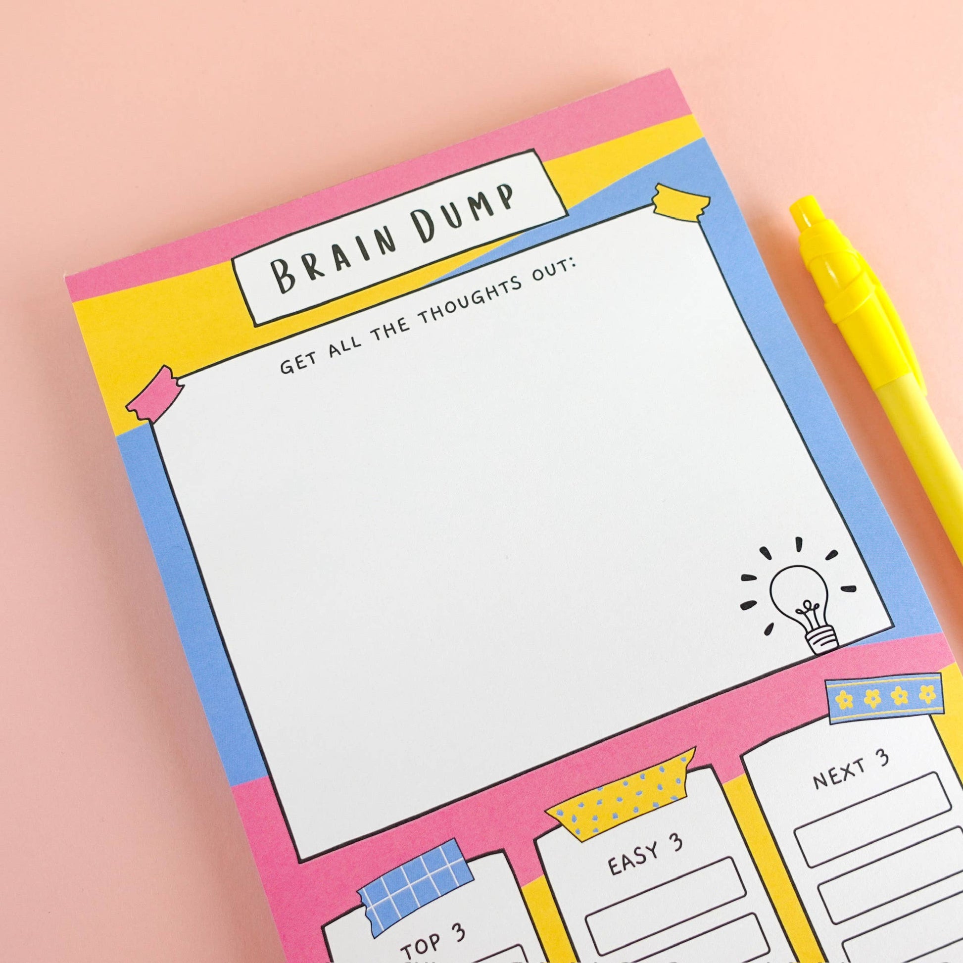 A5 Brain Dump Notepad by Sunshine Lane—lined pages with ‘Top 3’, ‘Easy 3’, ‘Next 3’ tasks section, 120gsm paper.