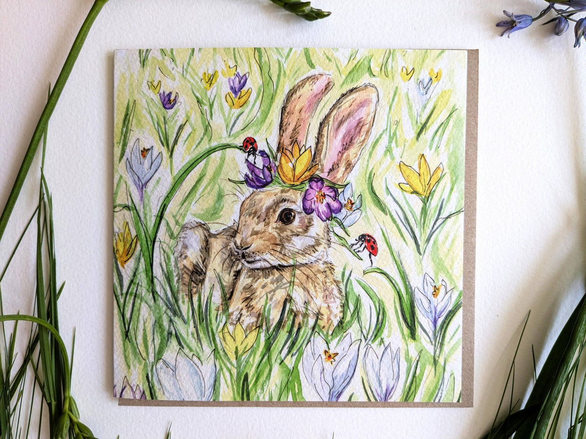 Close up of textured watercolour style cardstock on Spring Rabbit card