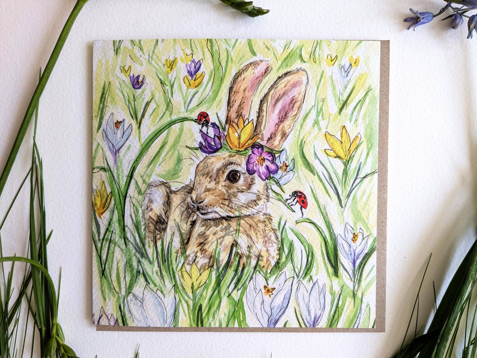 Close up of textured watercolour style cardstock on Spring Rabbit card
