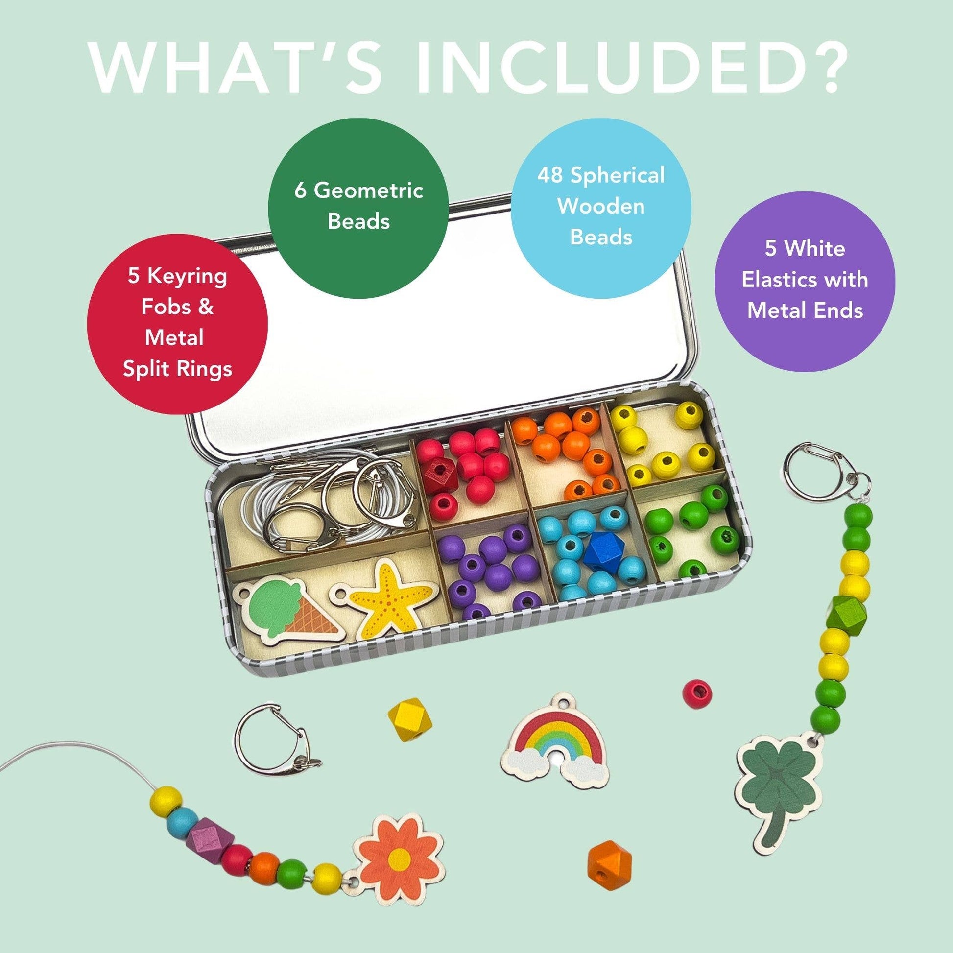 The Lucky Dip Keyring making kit is a wonderful plastic free activity. It offers a selection of wooden fobs to include a clover, flower, starfish, ice cream &amp; a rainbow, allowing children to create 5 keyrings. The kit also comes with rainbow coloured spacer geometric beads to complement the showpiece beads for vibrant accessories!