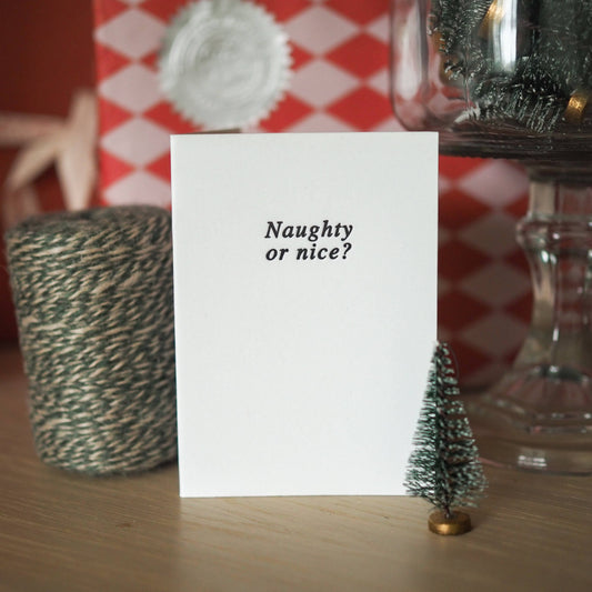 Naughty or Nice mini Christmas card by Soch & Co.—letterpress, recycled, A/C7, envelope.