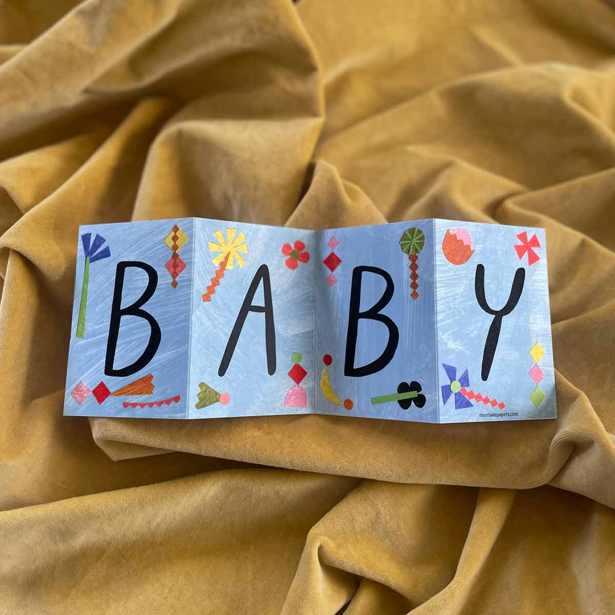 Mortlake Papers Baby Concertina Greeting Card open, showing vibrant original artwork detail