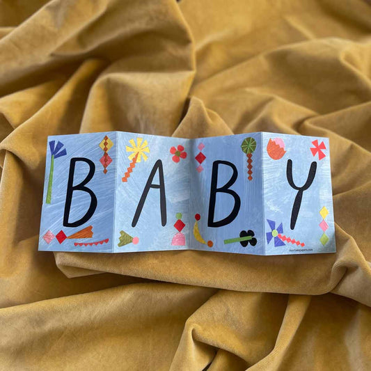 Mortlake Papers Baby Concertina Greeting Card open, showing vibrant original artwork detail