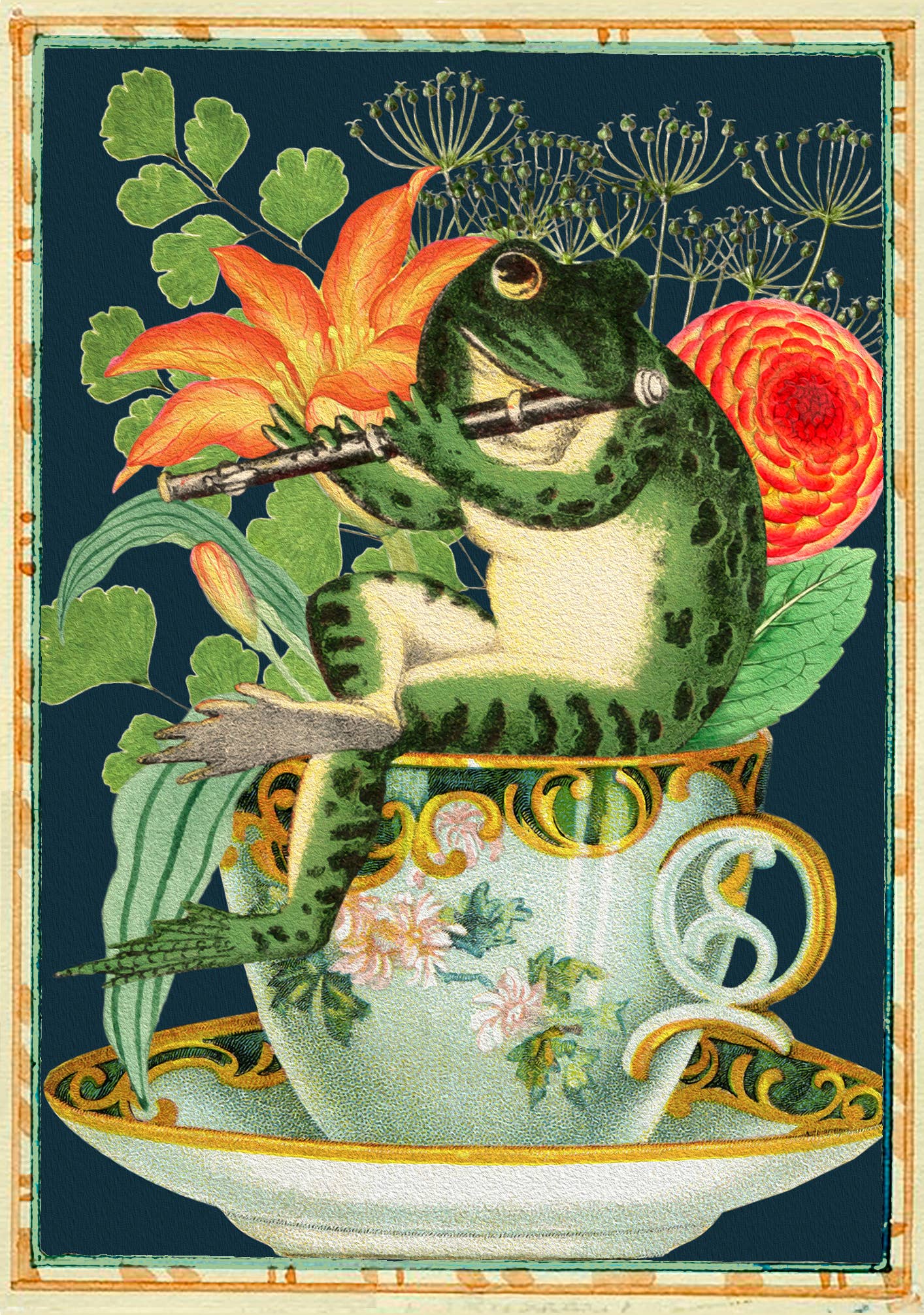 Frog playing flute on a teacup vintage collage notebook